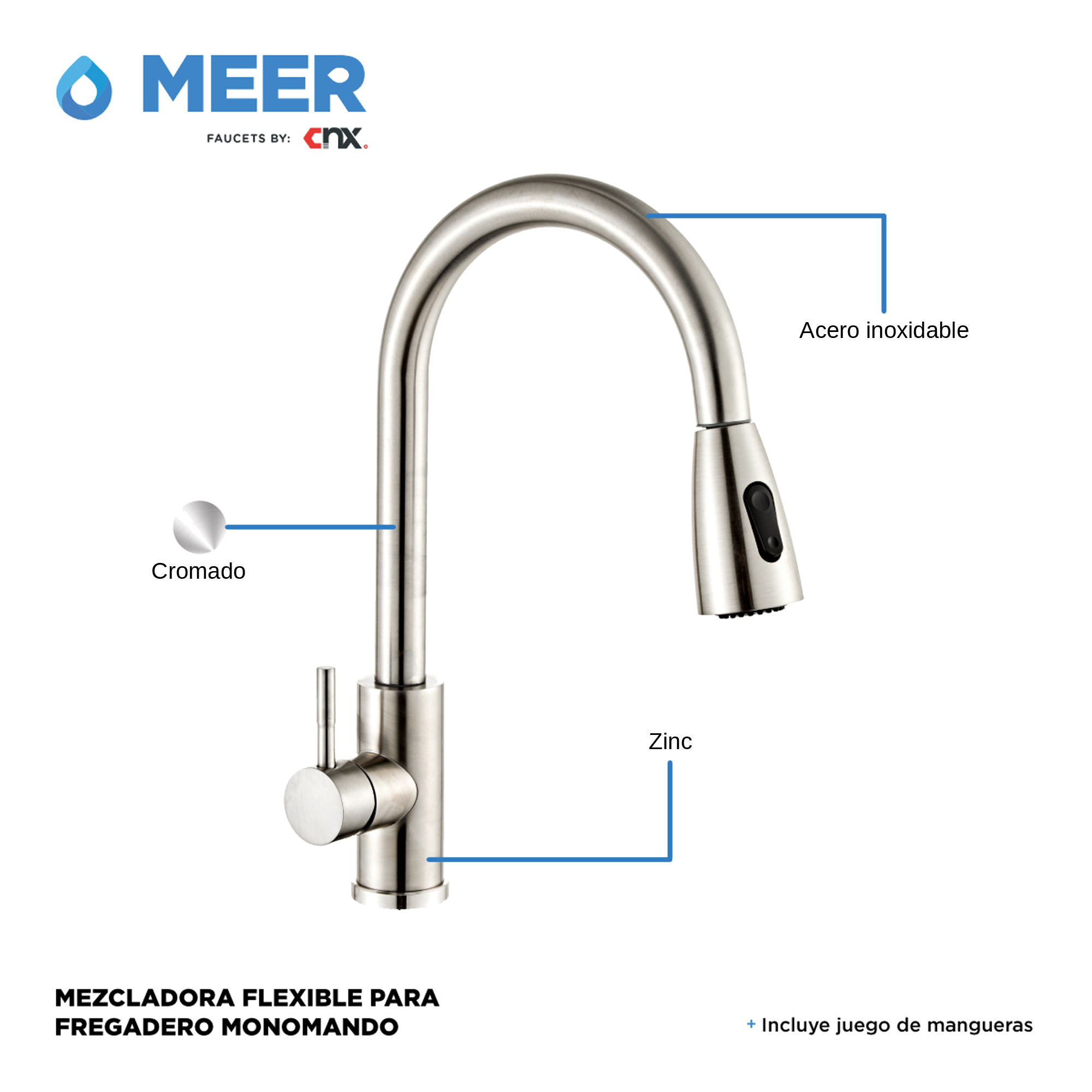 Foto 3 pulgar | Meer Faucets By Cnx |tarja De Acero Inoxidable + Mezcladora De Cuello Retráctil Cromada En Acero Inoxidable, Inc