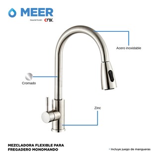 Foto 2 | Meer Faucets By Cnx |tarja De Acero Inoxidable + Mezcladora De Cuello Retráctil Cromada En Acero Inoxidable, Inc