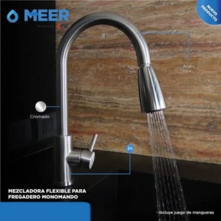 Foto 4 | Meer Faucets By Cnx |tarja De Acero Inoxidable + Mezcladora De Cuello Retráctil Cromada En Acero Inoxidable, Inc