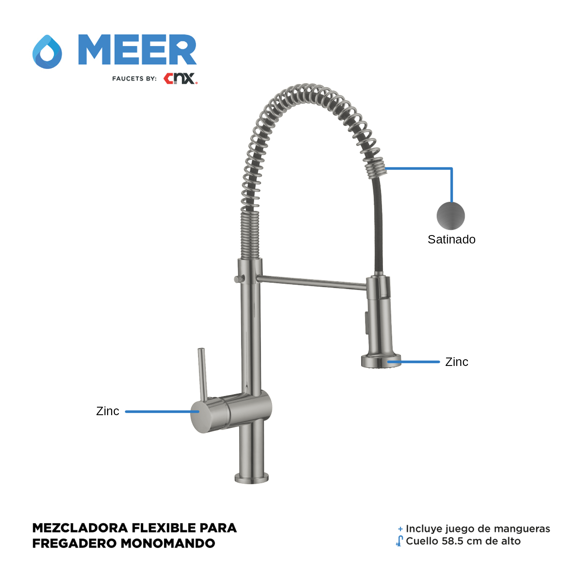 Foto 2 | Meer Faucets By Cnx | Tarja Premium De Acero Inoxidable + Mezcladora De Cuello Retráctil Y 2 Funciones De Chorr