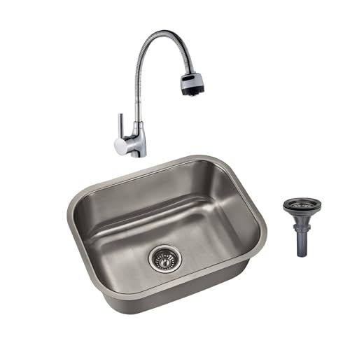 Meer Faucets By Cnx | Tarja De Acero Inoxidable + Mezcladora De Cuello Flexible Cromada En Acero Inoxidable, Incl