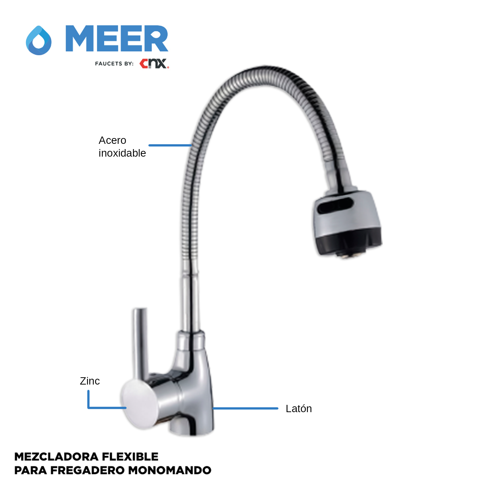 Foto 4 pulgar | Meer Faucets By Cnx | Tarja De Acero Inoxidable + Mezcladora De Cuello Flexible Cromada En Acero Inoxidable, Incl