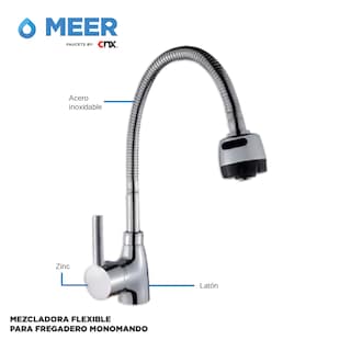 Foto 3 | Meer Faucets By Cnx | Tarja De Acero Inoxidable + Mezcladora De Cuello Flexible Cromada En Acero Inoxidable, Incl