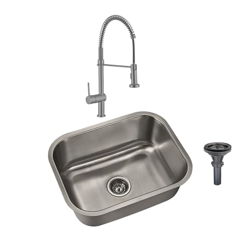 Meer Faucets By Cnx | Tarja De Acero Inoxidable + Mezcladora De Cuello Flexible Cromada En Acero Inoxidable, Incl