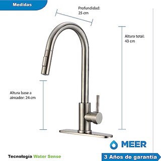 Foto 5 | Meer Faucets By Cnx | Tarja Premium De Acero Inoxidable + Mezcladora De Cuello Retráctil Y 2 Funciones De Chorr