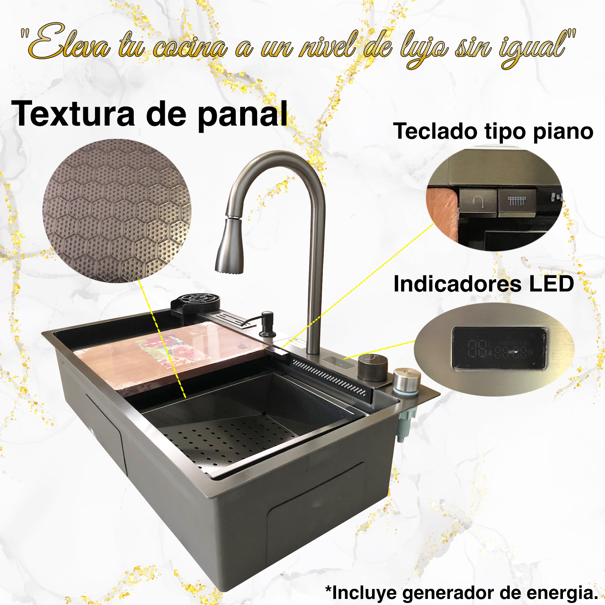 Foto 3 pulgar | Tarja Cocina Fregadero con Cascada Led Acero Inoxidable Homely Elegance