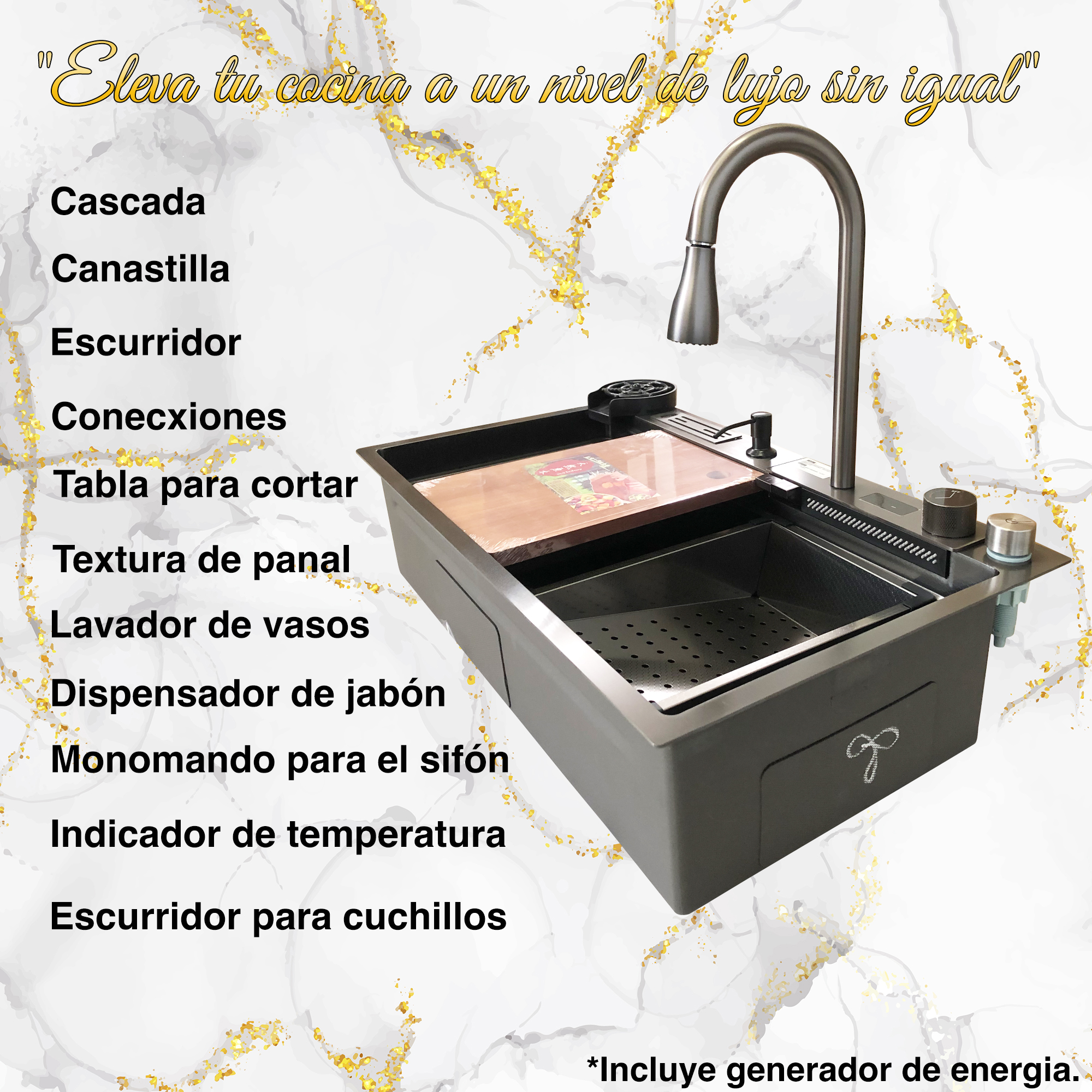 Foto 4 pulgar | Tarja Cocina Fregadero con Cascada Led Acero Inoxidable Homely Elegance