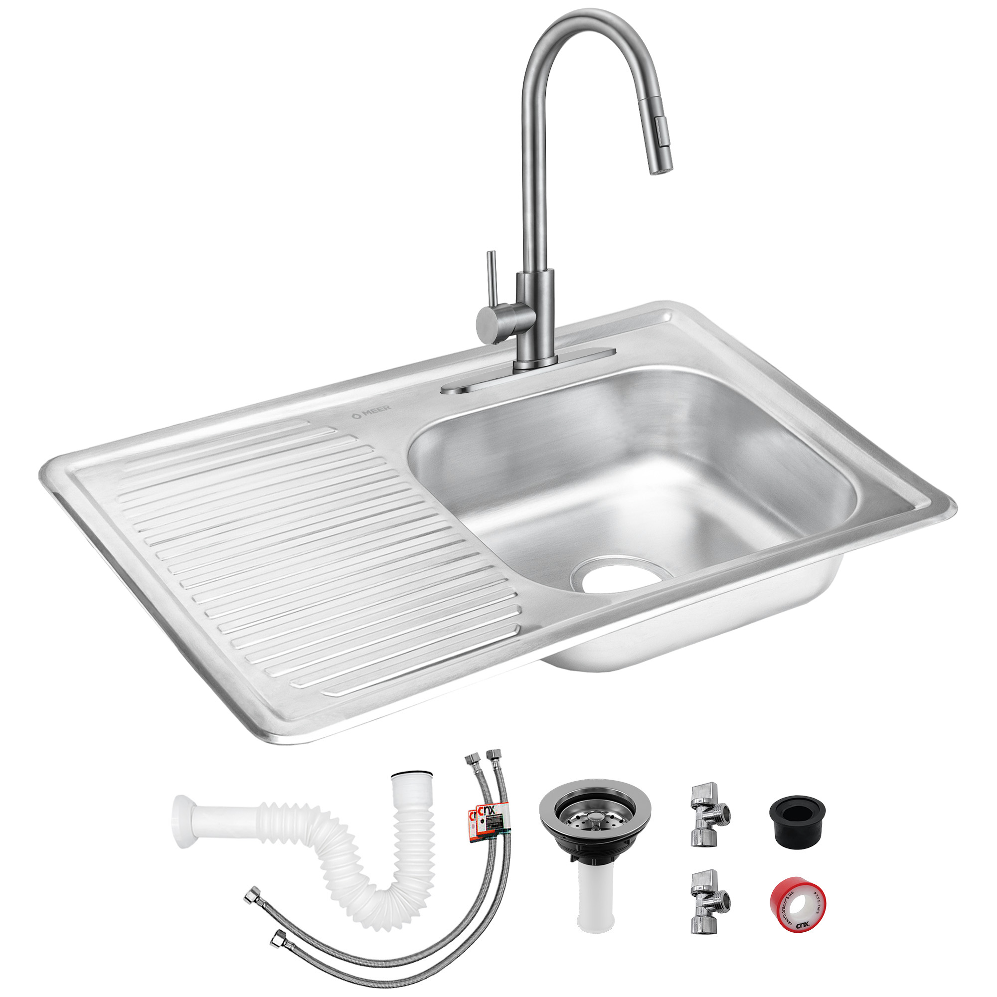 Meer Faucets By Cnx | Fregadero Para Cocina Con Escurridero Derecho De Acero Inoxidable, Mezcladora Y Accesorios