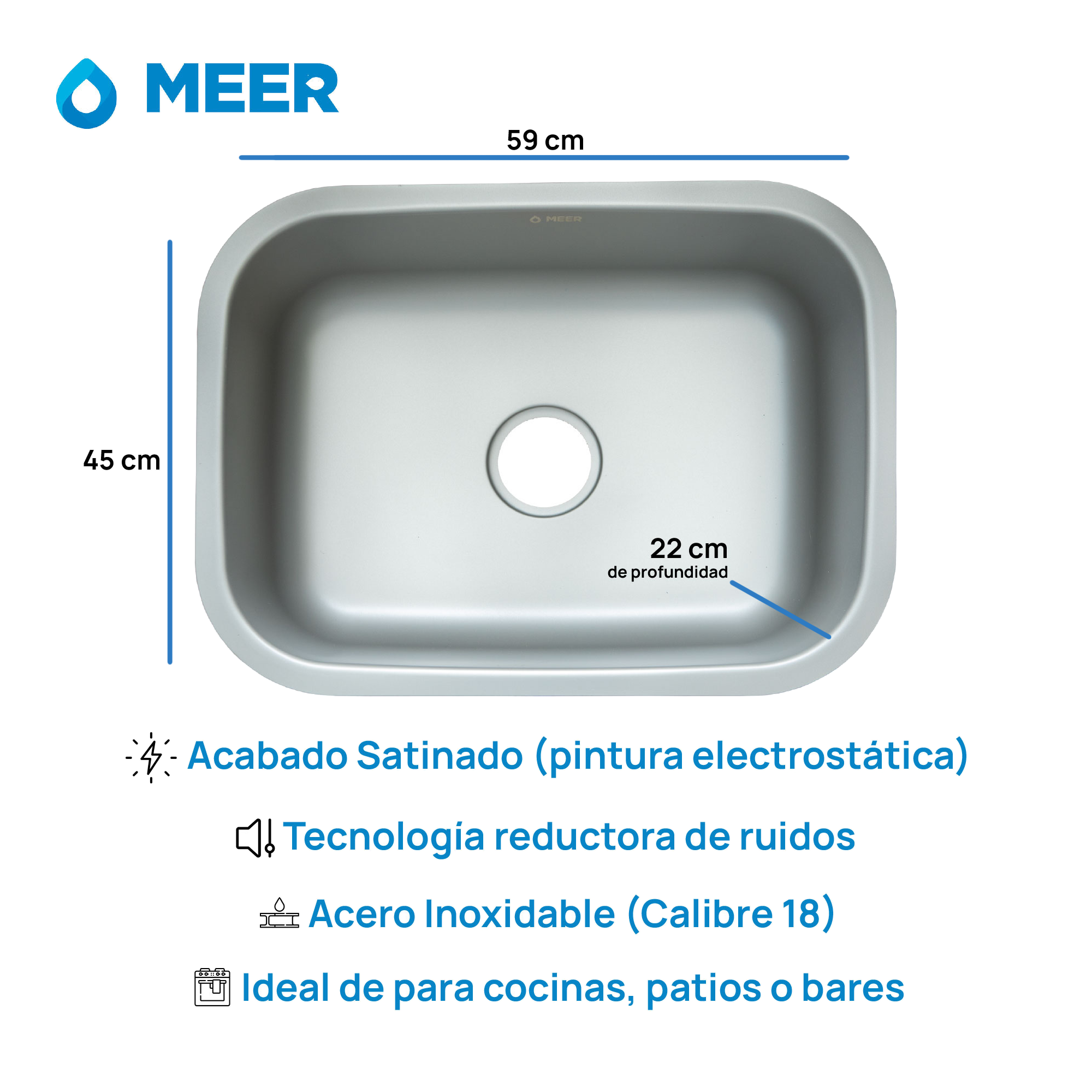 Foto 4 pulgar | Meer Faucets By Cnx | Fregadero Para Cocina De Acero Inoxidable Calibre 18 Para Submontar, Tarja Sencilla Satina