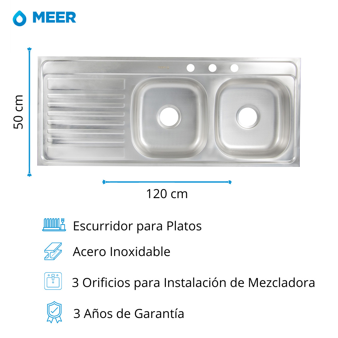 Foto 2 | Meer Faucets By Cnx | Tarja Doble Para Cocina Con Escurridero De Acero Inoxidable Satinado, Fregadero Doble Para