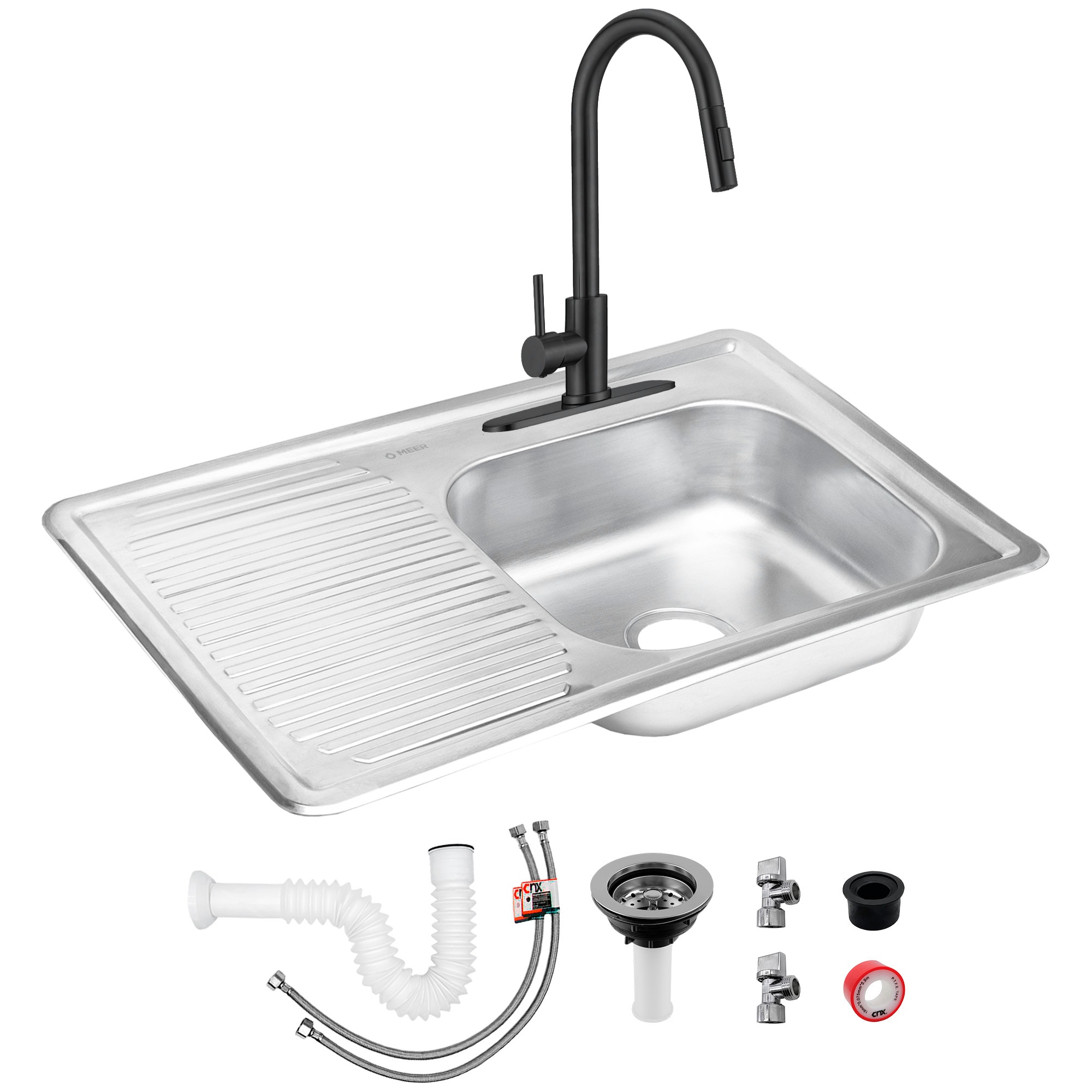 Meer Faucets By Cnx | Fregadero Para Cocina Con Escurridero Derecho De Acero Inoxidable, Mezcladora Y Accesorios $2,004