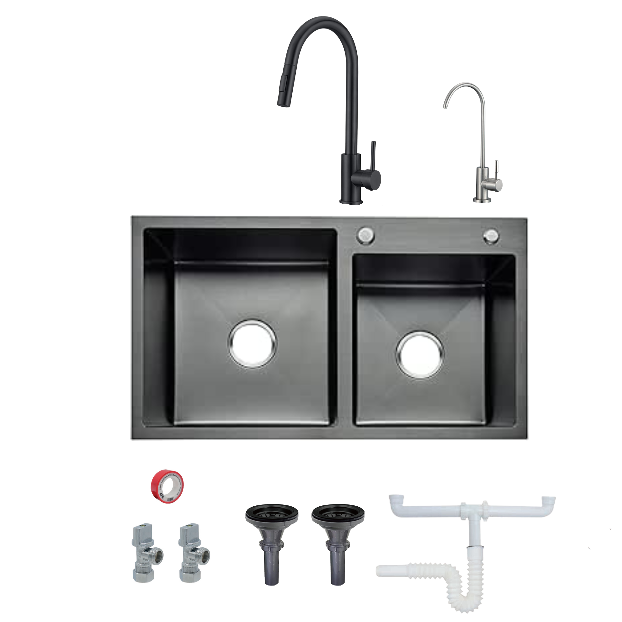 Foto 1 | Kit De Tarjas Dobles En Acero Inoxidable, Incluye Monomando, Llave Para Filtro De Agua, Mangueras Y Kit De Instalación