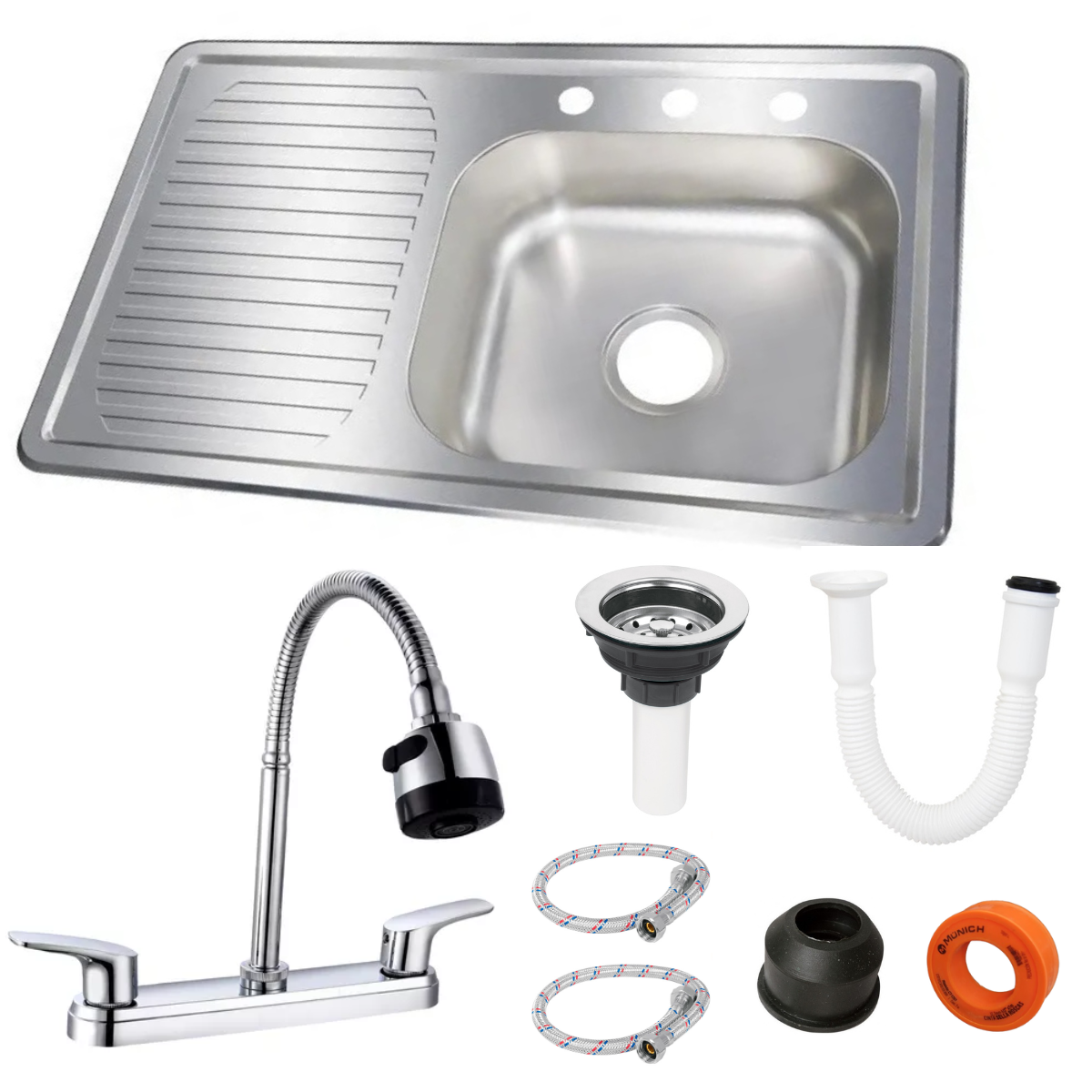 Foto 2 pulgar | Kit Tarja/fregador Acero Inox 80 X 50 Cm Mezcladora Flexible Apolo Escurridor Izquierdo