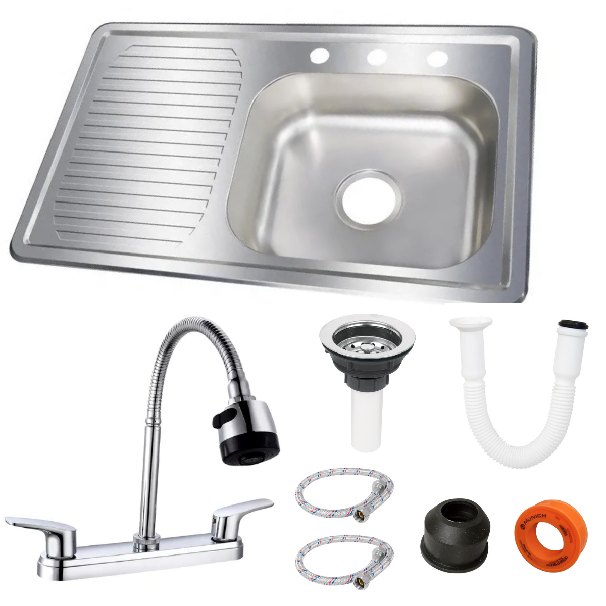 Kit Tarja/fregador Acero Inox 80 X 50 Cm Mezcladora Flexible Apolo Escurridor Izquierdo