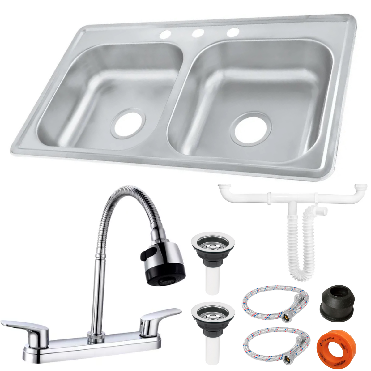 Foto 2 pulgar | Kit De Fregadero Tarja Tina Doble Acero Inoxidable 84x48 Mezcladora Flexible