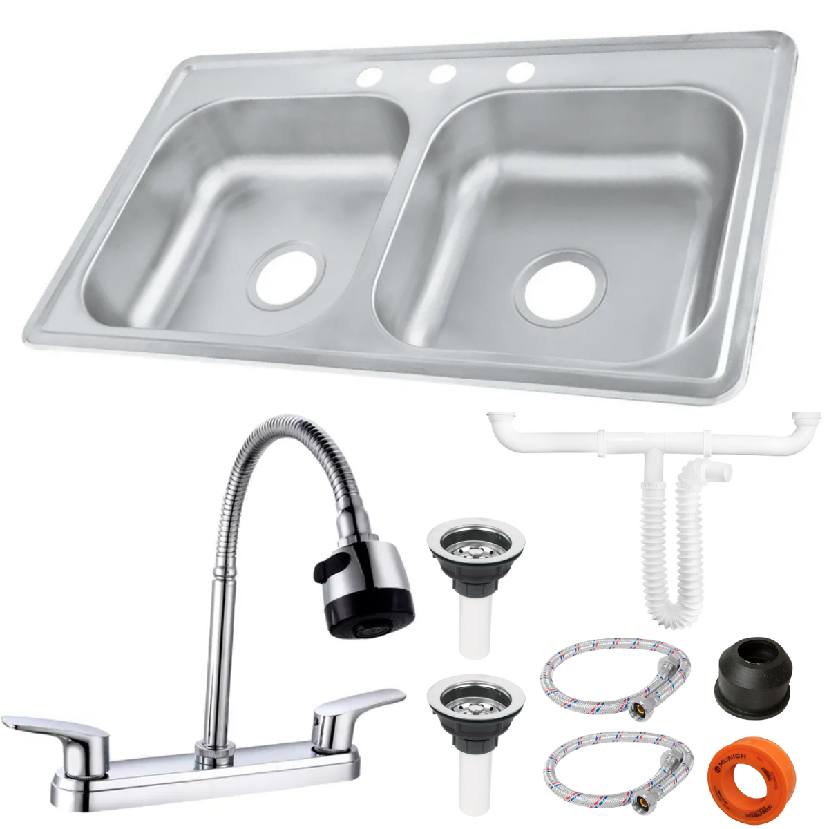 Kit De Fregadero Tarja Tina Doble Acero Inoxidable 84x48 Mezcladora Flexible