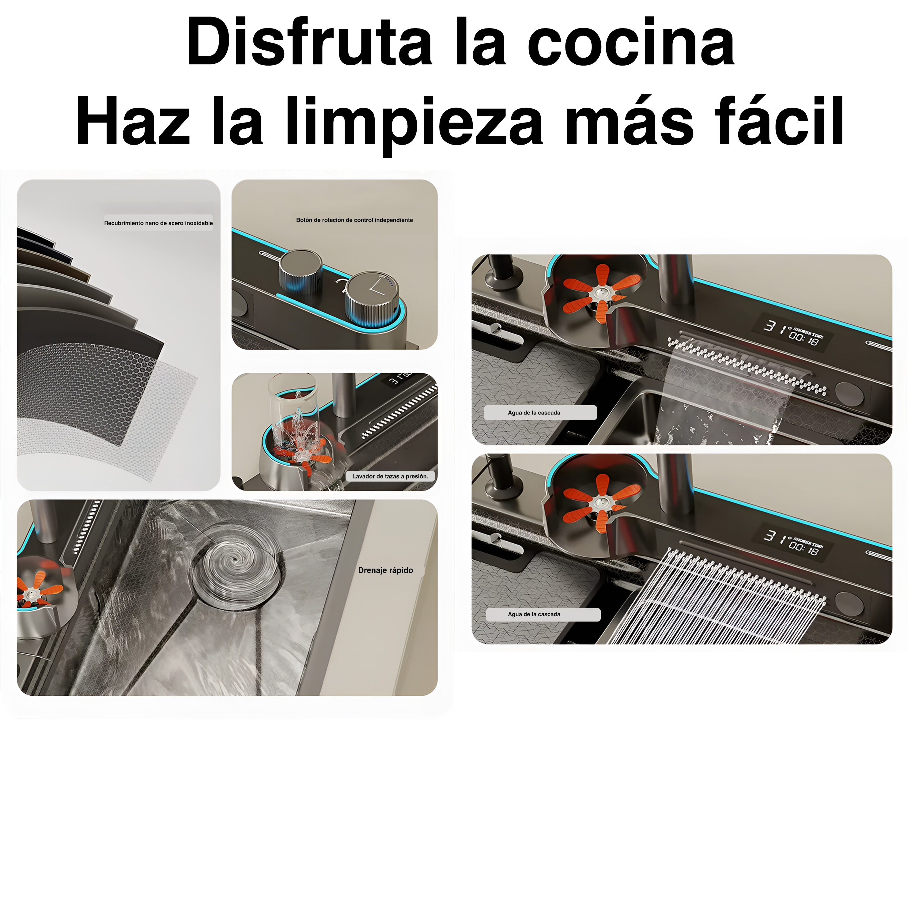 Foto 4 | Tarja Cocina Fregadero Lujo Doble Cascada Led Acero Inoxidable Homely Elegance
