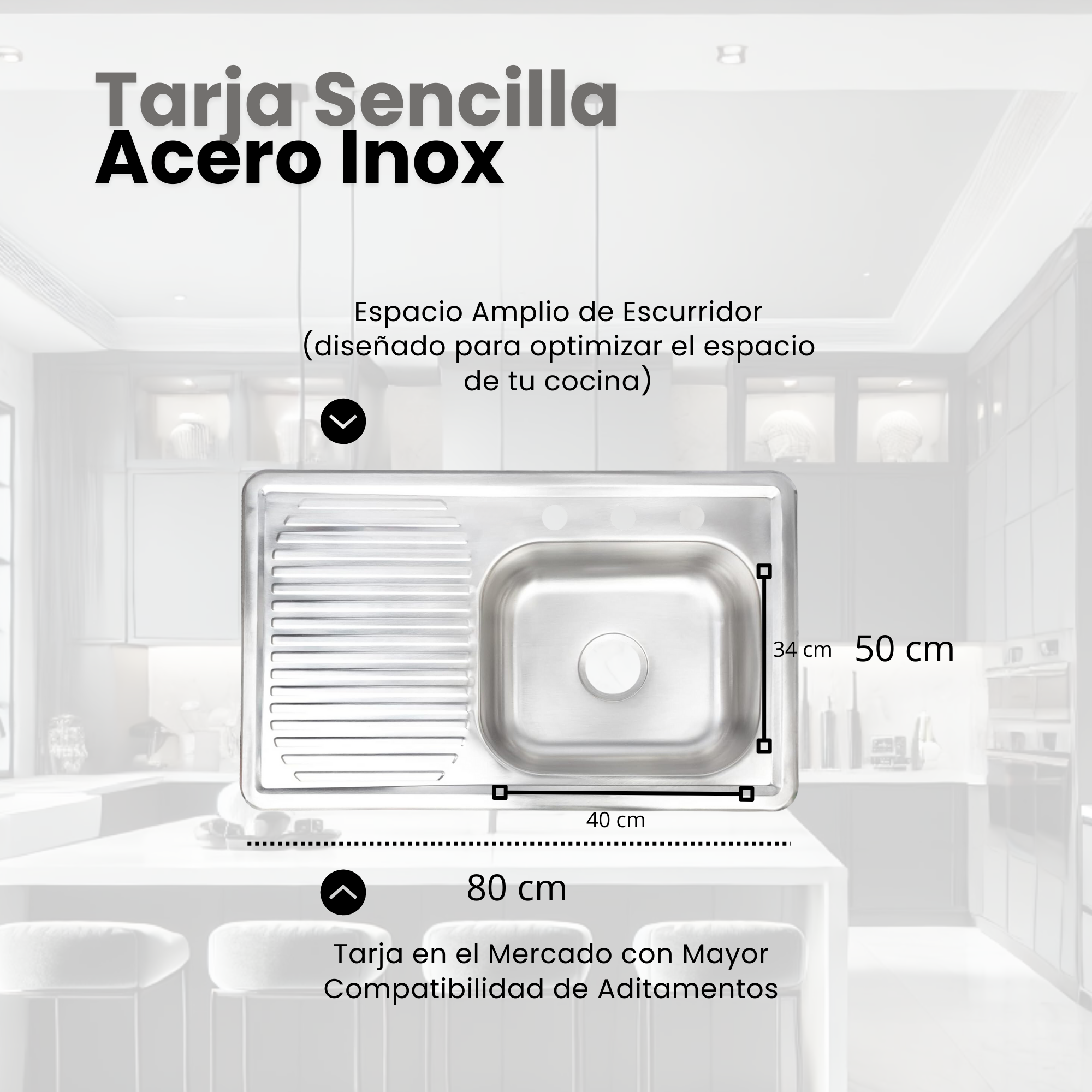 Foto 3 | Tarja Sencilla En Acero Inoxidable (80 Cm X 50 Cm) Para Empotrar, Escurridor Izquierdo