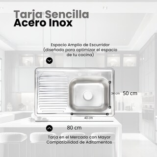 Foto 3 | Tarja Sencilla En Acero Inoxidable (80 Cm X 50 Cm) Para Empotrar, Escurridor Izquierdo
