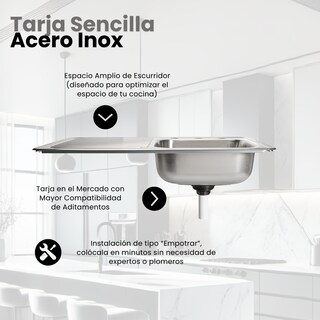 Foto 4 | Tarja Sencilla En Acero Inoxidable (80 Cm X 50 Cm) Para Empotrar, Escurridor Izquierdo