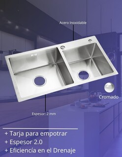 Foto 3 | Tarja Doble En Acero Inoxidable, Incluye Mezcladora Monomando Y Kit De Instalación, Tarjas De Dos Tinas, Tarja