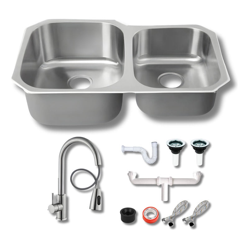 Fregadero Tarja Submontar 2 Tinas Desigual Acero Inox C/kit $3,890