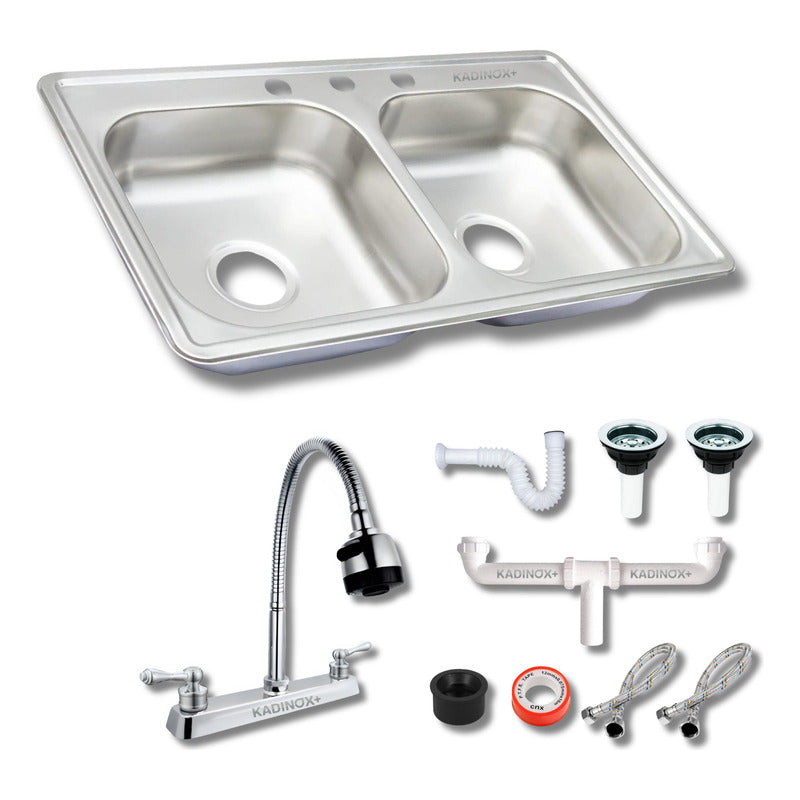 Foto 2 pulgar | Fregadero Tarja Tina Doble Acero Inox 84x48 Con Kit Mez Flex