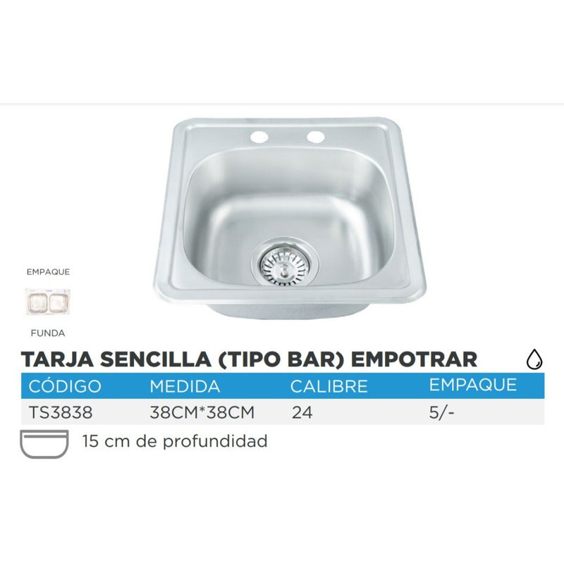 Foto 4 pulgar | Tarja Fregadero Empotrar De Acero Inoxidable Tipo Bar 38x38