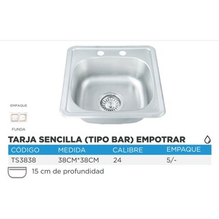 Foto 3 | Tarja Fregadero Empotrar De Acero Inoxidable Tipo Bar 38x38