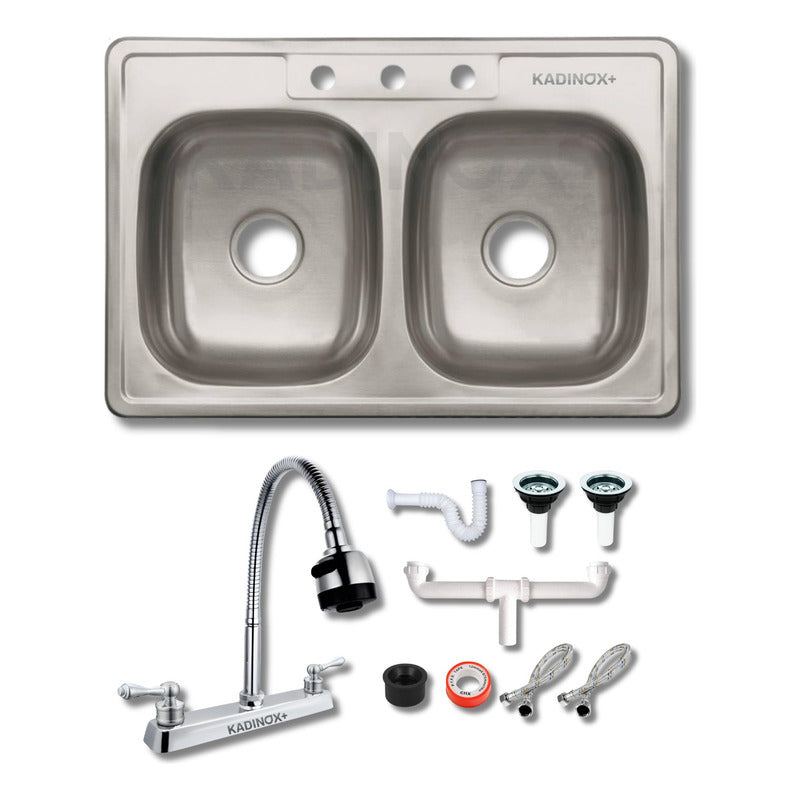 Fregadero Tarja Tina Doble Acero Inox 84x56 Con Kit Mez Flex