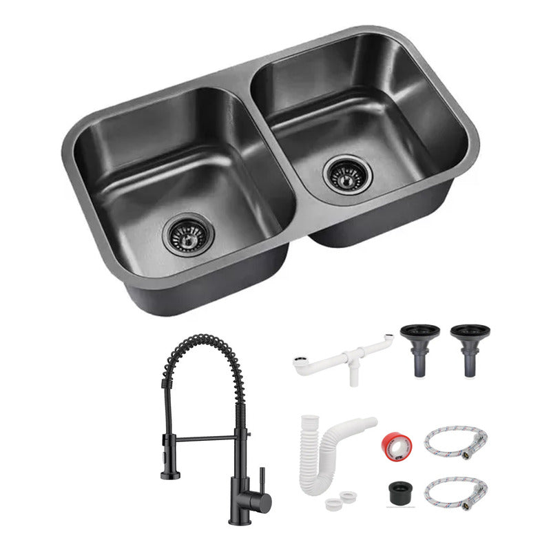 Foto 2 pulgar | Fregadero Tarja Submontar Doble Tina Acero Inox Negro C/kit