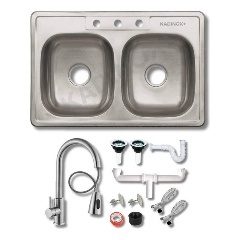 Foto 2 pulgar | Fregadero Tarja Tina Doble Acero Inox 84x56 Con Kit Mez Prem