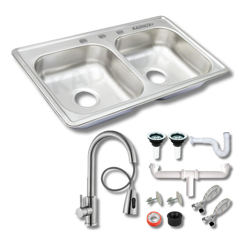 Foto 2 pulgar | Fregadero Tarja Tina Doble Acero Inox 84x48 Con Kit Premium