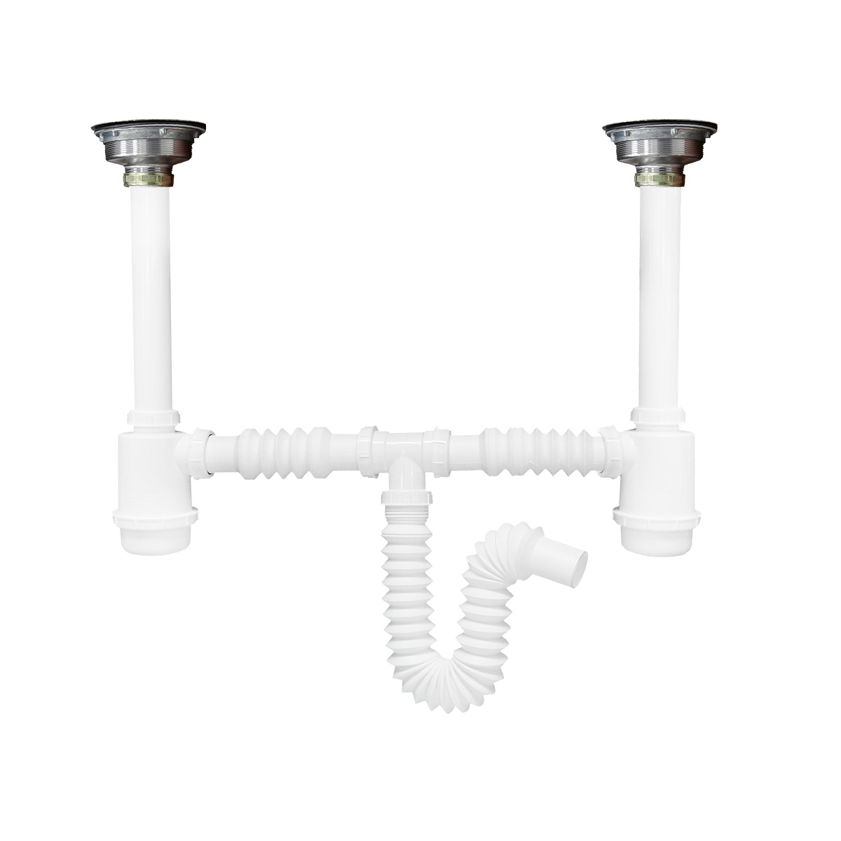 Foto 2 | Desagüe Doble Bote Grande, Contracanastas De Acero Inoxidable, Flexible, 2 Tubos Ceja De 25 Cm, Extensión De 5