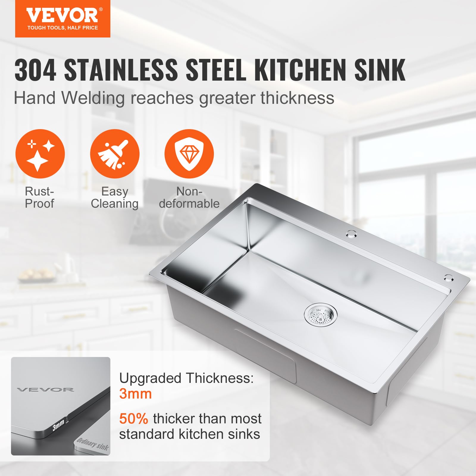 Foto 2 | Fregadero De Cocina Vevor 304 De Acero Inoxidable Con Soporte Superior De 33 Pulgadas - Venta Internacional.