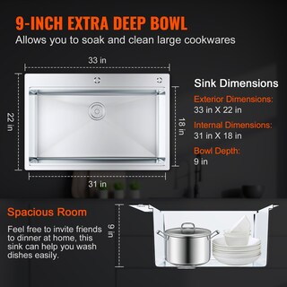 Foto 3 | Fregadero De Cocina Vevor 304 De Acero Inoxidable Con Soporte Superior De 33 Pulgadas - Venta Internacional.