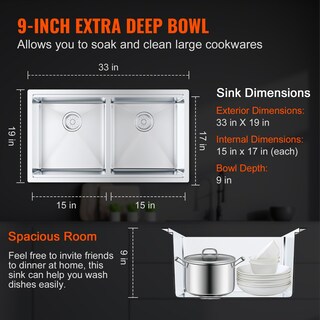 Foto 3 | Fregadero De Cocina Vevor 304 De Acero Inoxidable Con Cuencos Dobles De 33 Pulgadas - Venta Internacional.