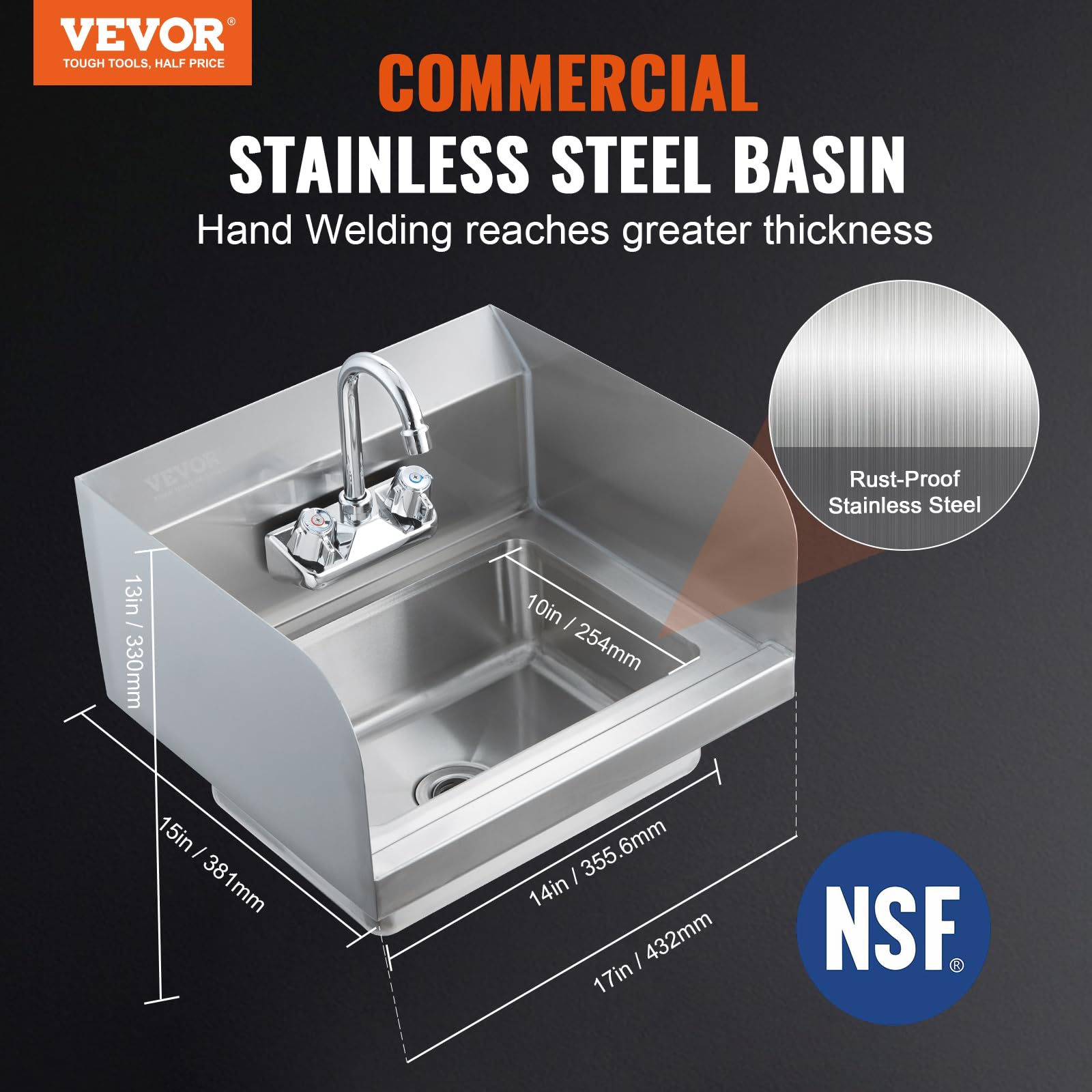 Foto 3 | Fregadero De Mano Vevor Commercial De Acero Inoxidable De 43 X 38 Cm Con Grifo - Venta Internacional.