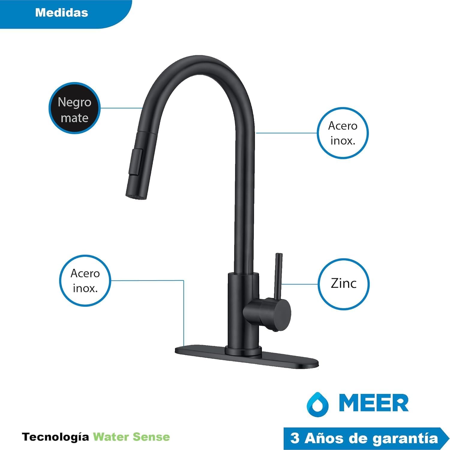Foto 8 pulgar | Meer Faucets By Cnx Kit De Cocina Con Tarja Doble, Mezcladora Monomando Con Cuello Retráctil Y Cespol Flexible,