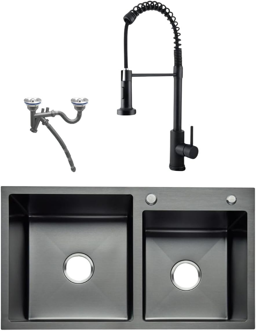 Foto 2 pulgar | Meer Faucets By Cnx Kit De Cocina Con Tarja Doble, Mezcladora Negra Mate Y Cespol Flexible, Acero Inoxidable Con