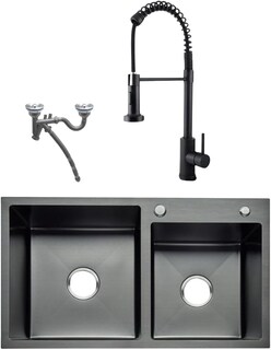 Foto 1 | Meer Faucets By Cnx Kit De Cocina Con Tarja Doble, Mezcladora Negra Mate Y Cespol Flexible, Acero Inoxidable Con