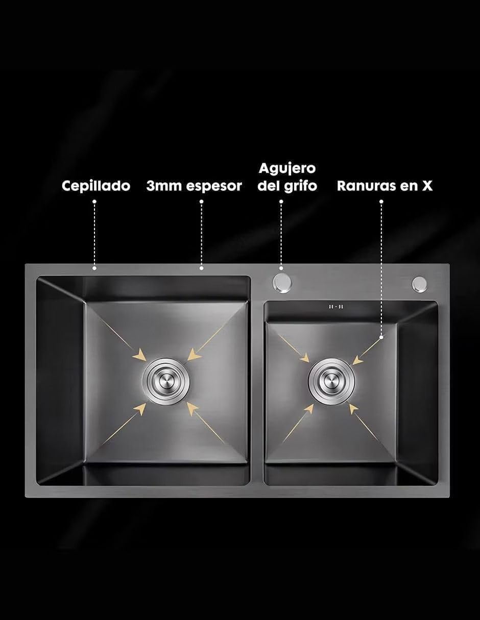 Foto 3 | Meer Faucets By Cnx Kit De Cocina Con Tarja Doble, Mezcladora Negra Mate Y Cespol Flexible, Acero Inoxidable Con