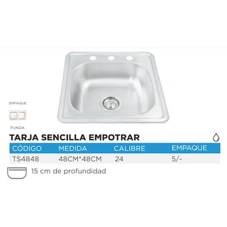 Foto 2 | Tarja Fregadero Tipo Bar Acero Inoxidable 48x48 C/kit S/llav