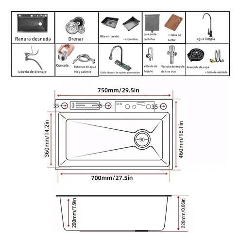Foto 5 pulgar | Fregadero De Cocina De Acero Inoxidable Con Accesorios 75x45 Negro