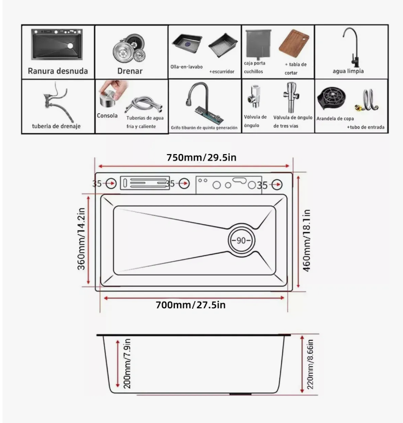 Foto 3 | Fregadero Premium De Cocina De Acero Inoxidable 304 Con Accesorios De Instalacion  75 Cm X 45 Cm X 22 Cmnegro