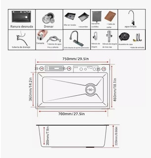 Foto 3 | Fregadero Premium De Cocina De Acero Inoxidable 304 Con Accesorios De Instalacion 75 Cm X 45 Cm X 22 Cmnegro