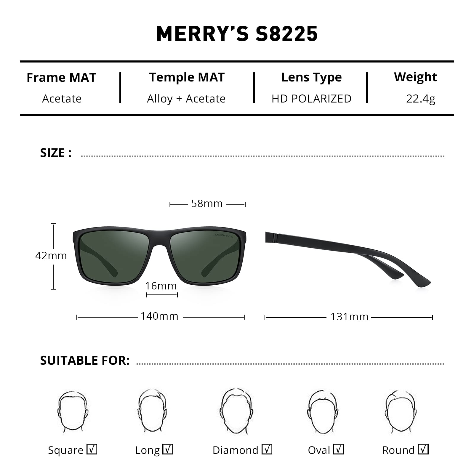 Foto 3 pulgar | Gafas De Sol Merry's Rectangulares Polarizadas Uv400 S8225 Para Hombre Y Mujer - Venta Internacional.