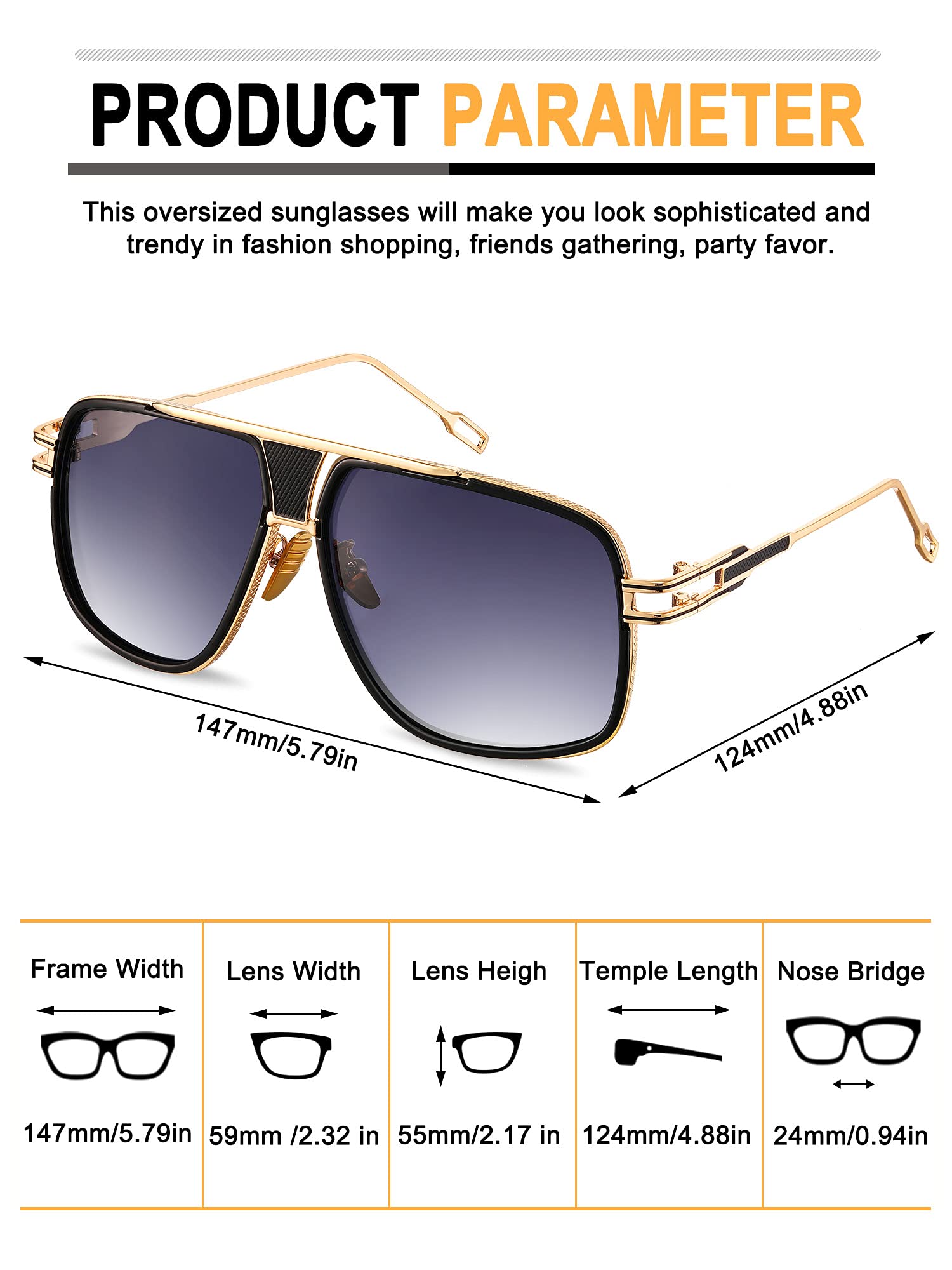 Foto 2 | Gafas De Sol Frienda Retro Para Hombre, De Gran Tamaño, Con Montura Dorada, De Metal, X3 - Venta Internacional.