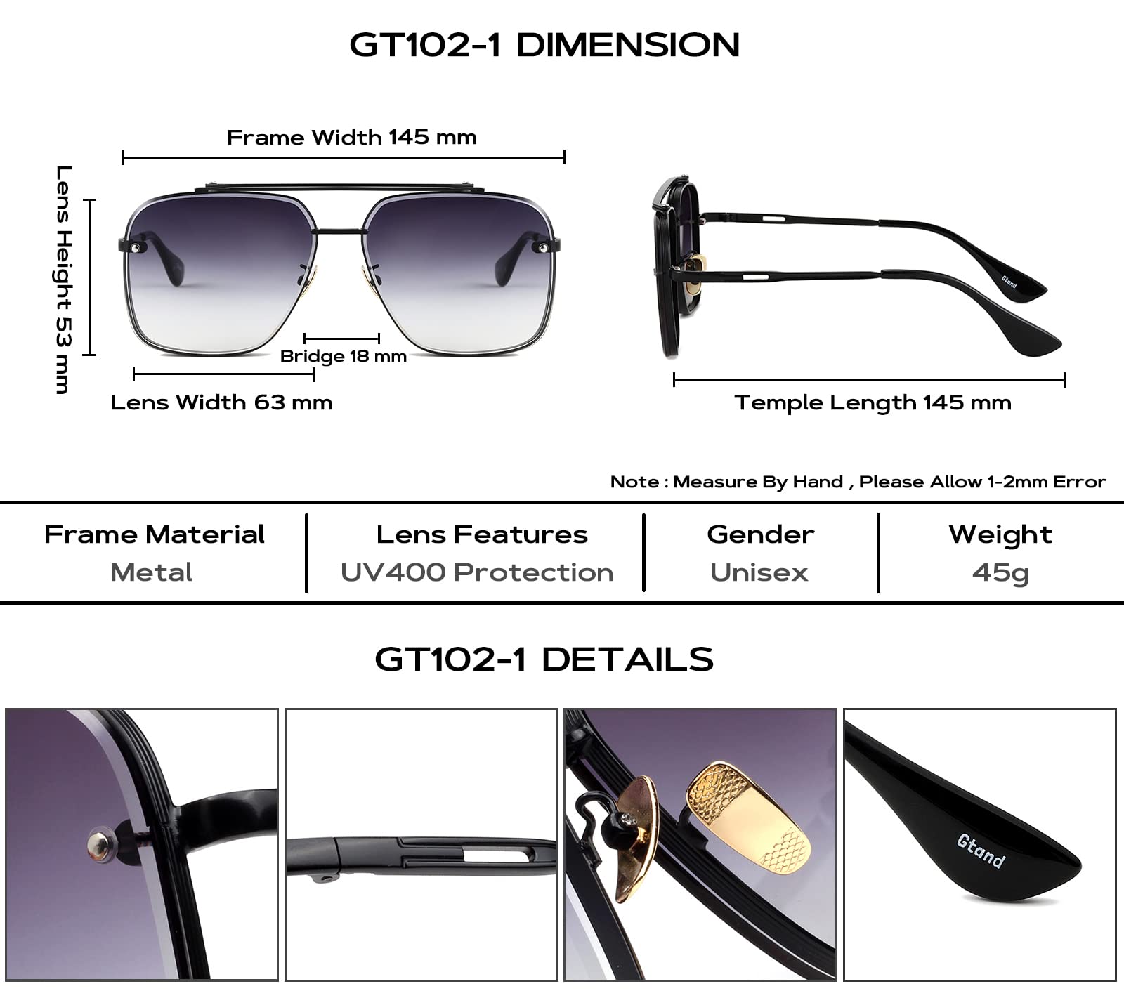 Foto 6 pulgar | Gafas De Sol Grand Fashion, Cuadradas, Sobredimensionadas, Estilo Aviador, 63 Mm, Uv400 - Venta Internacional.