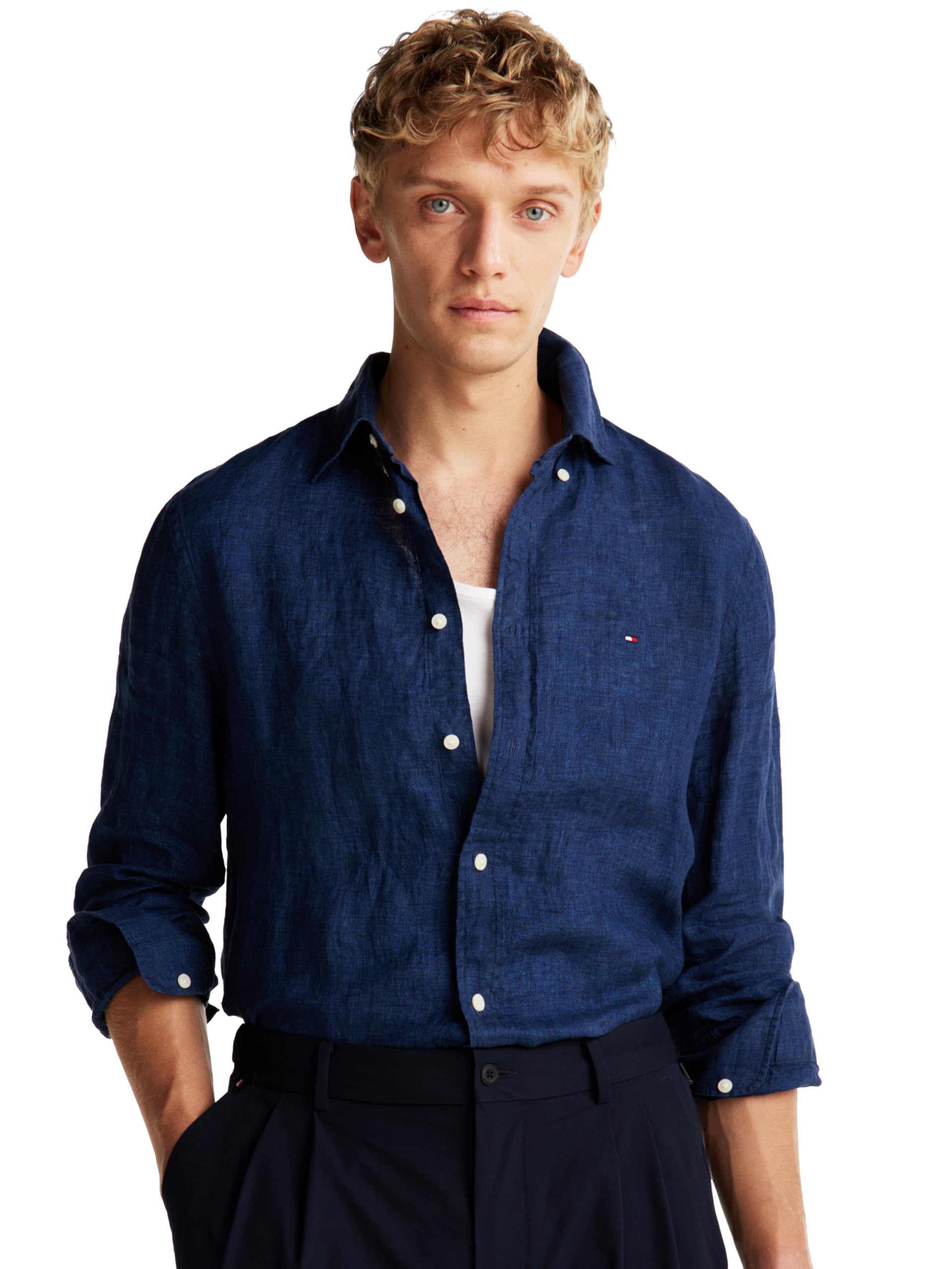Foto 2 pulgar | Camisa Tommy Hilfiger De Lino Teñido Con Pigmentos Para Hombre, Corte Regular - Venta Internacional.